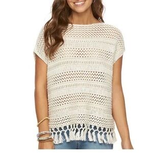 Chaps Cream Ivory sleeveless Fringe Crochet Sweater S/M‎ Boho Layers Cotton